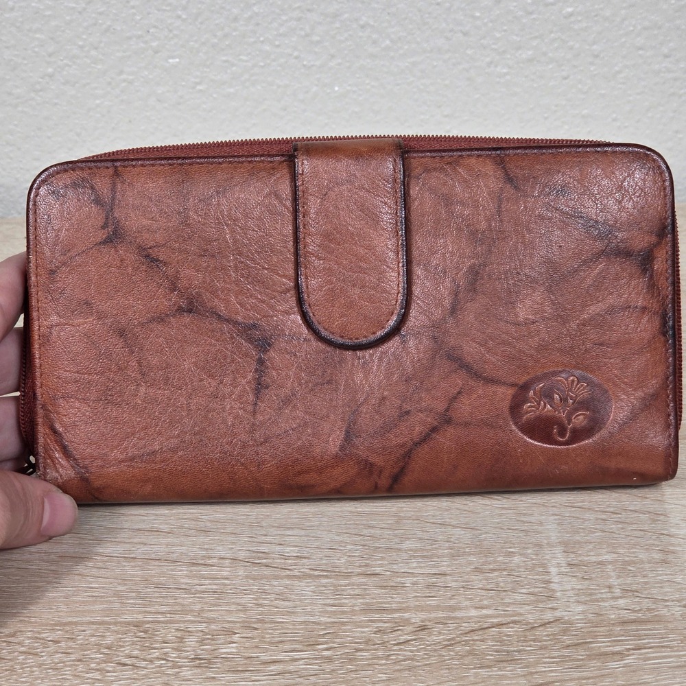 Vintage Buxton Brown Top Grain Cowhide Leather Organizer Wallet Zip Around